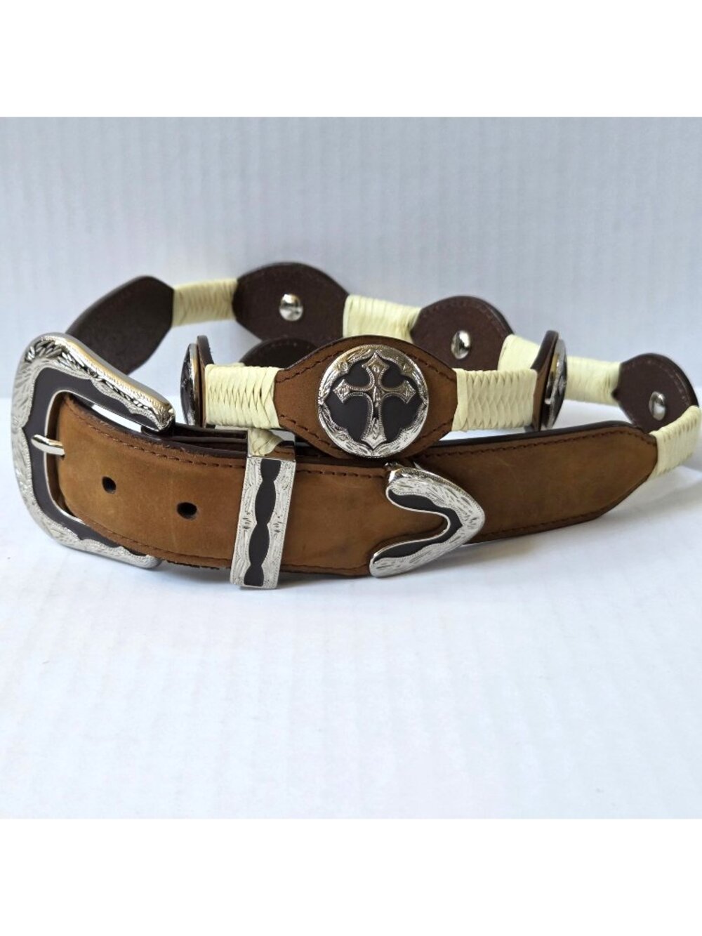 3D Belt Mens 40 Brown Leather Braided Cross Conchos Western Cowboy Rodeo
